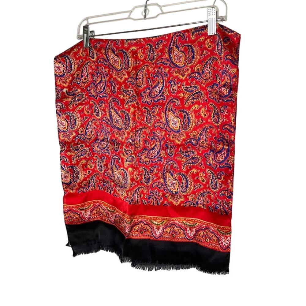 Satin Red Paisley Scarf Black Fringe Boho Exotic Bold Wrap Light 41X17 Rectangle